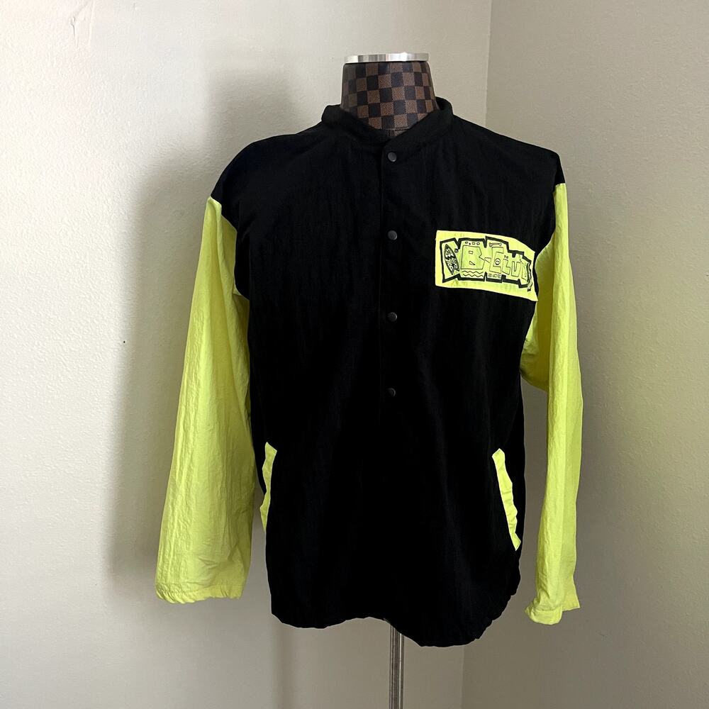Vtg B-Club Baseball Jacket S/M Black Neon Yellow Coat Snap Retro Streetwear - Picture 4 of 14